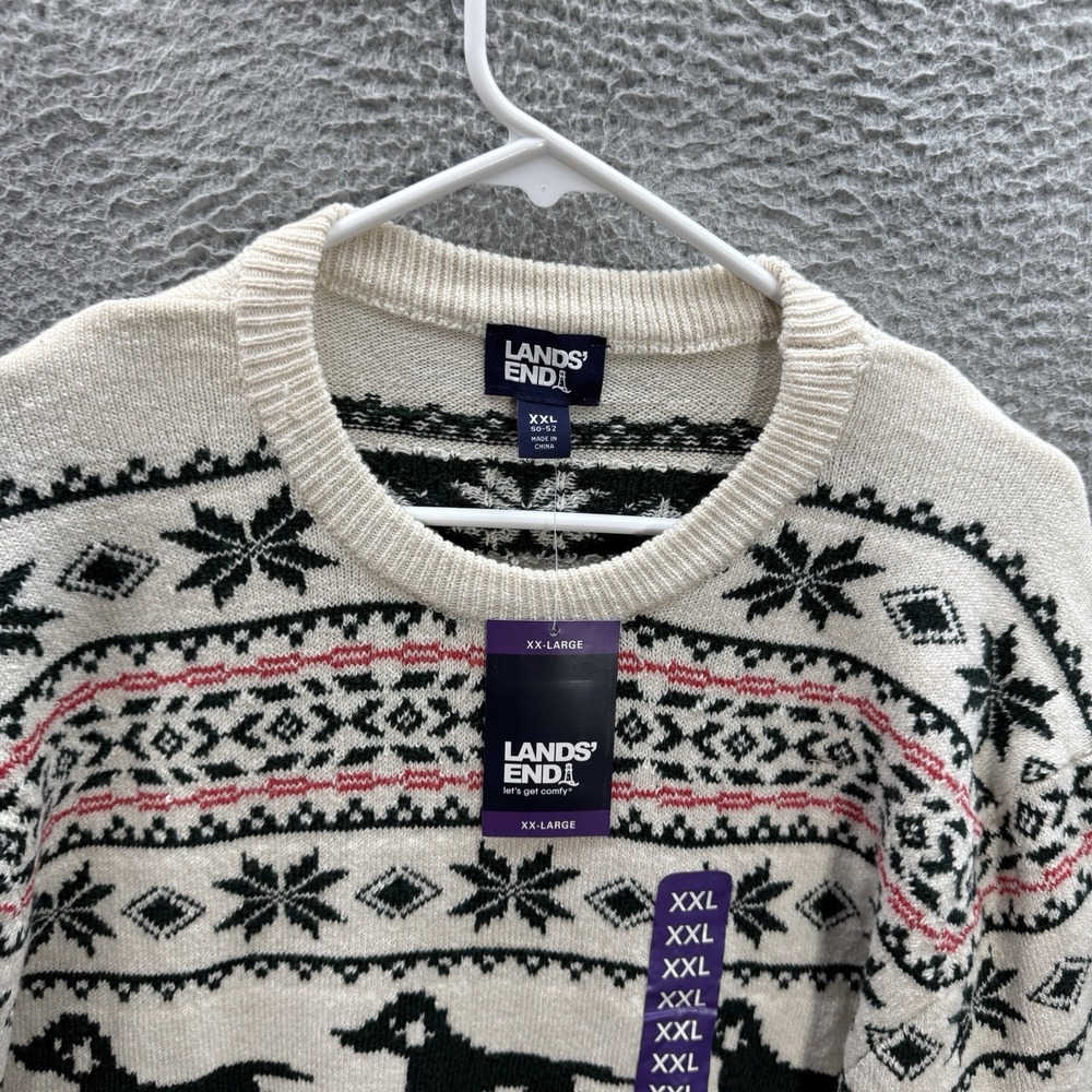 Lands End Sweater Adult XXL Multicolor Fair Isle Knit Crewneck Geometric Dog NEW - Picture 13 of 13